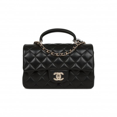 CHANEL MINI RECTANGULAR FLAP BAG WITH TOP HANDLE BLACK LAMBSKIN LIGHT GOLD HARDWARE (22*15*8cm)